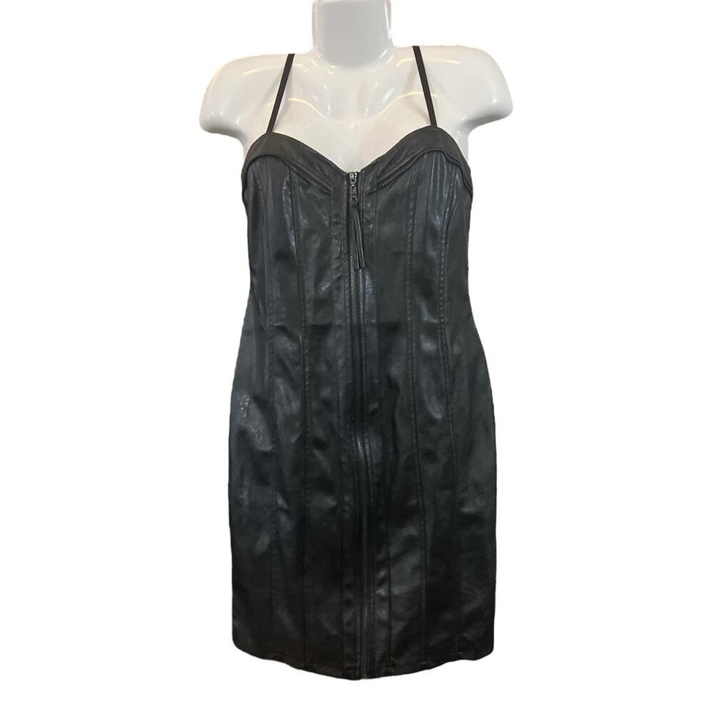 Haute Monde Women's Black Front Zip Bodycon Faux Leather Strappy Sexy Dress SZ M